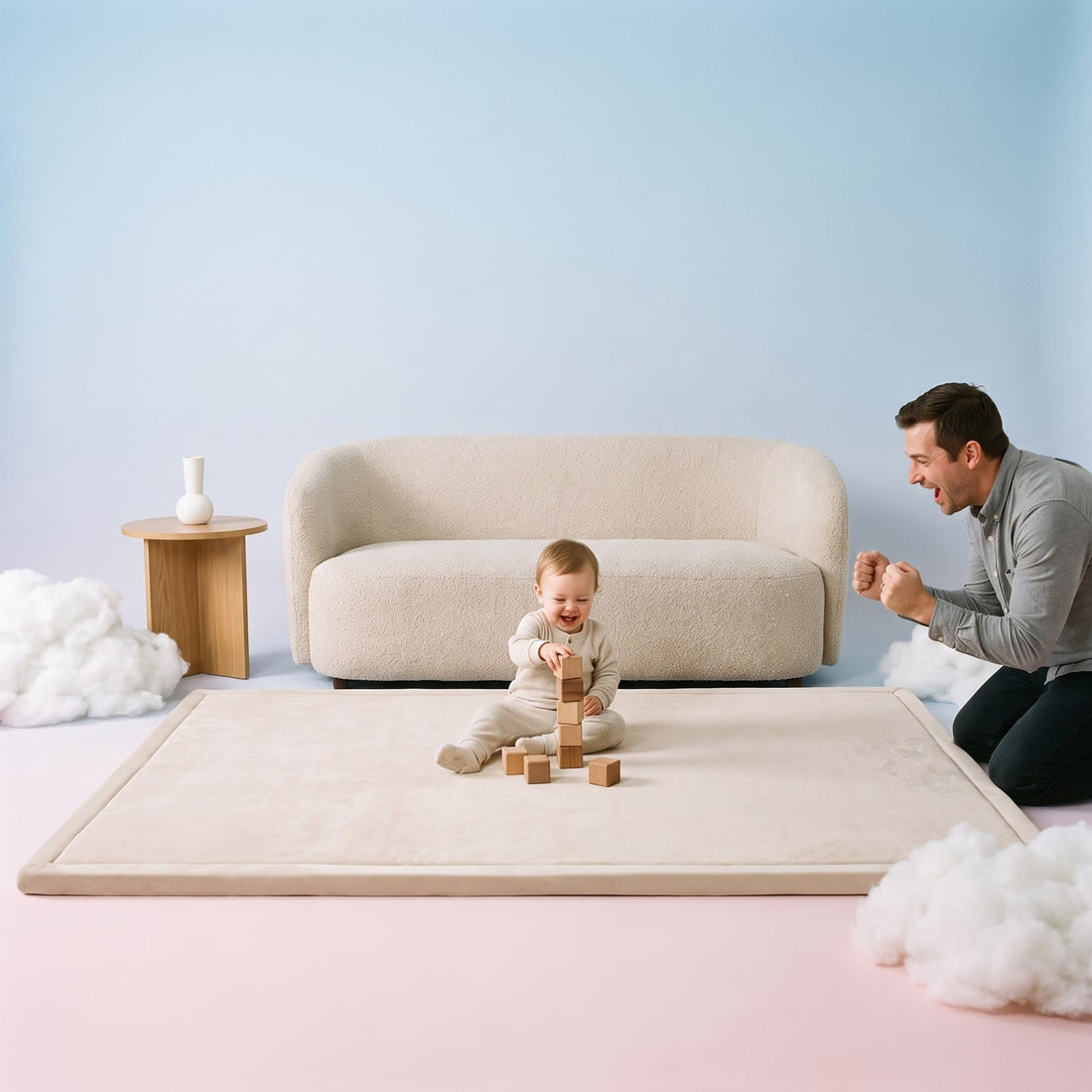 Toddler stacking blocks on a Warm Sand Marshie Mat while dad cheers