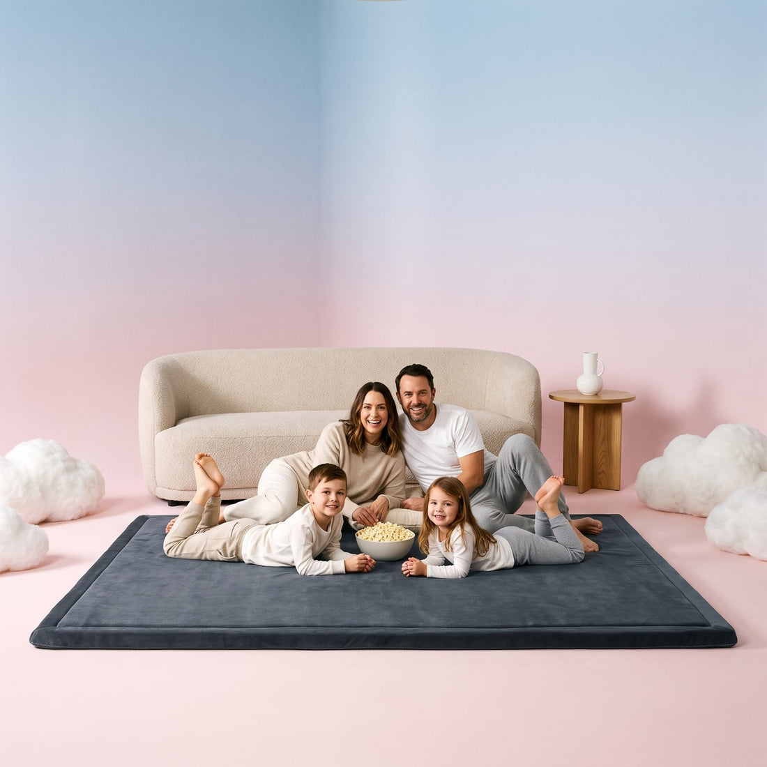 Family movie night on a large Ironbark Charcoal Marshie Mat